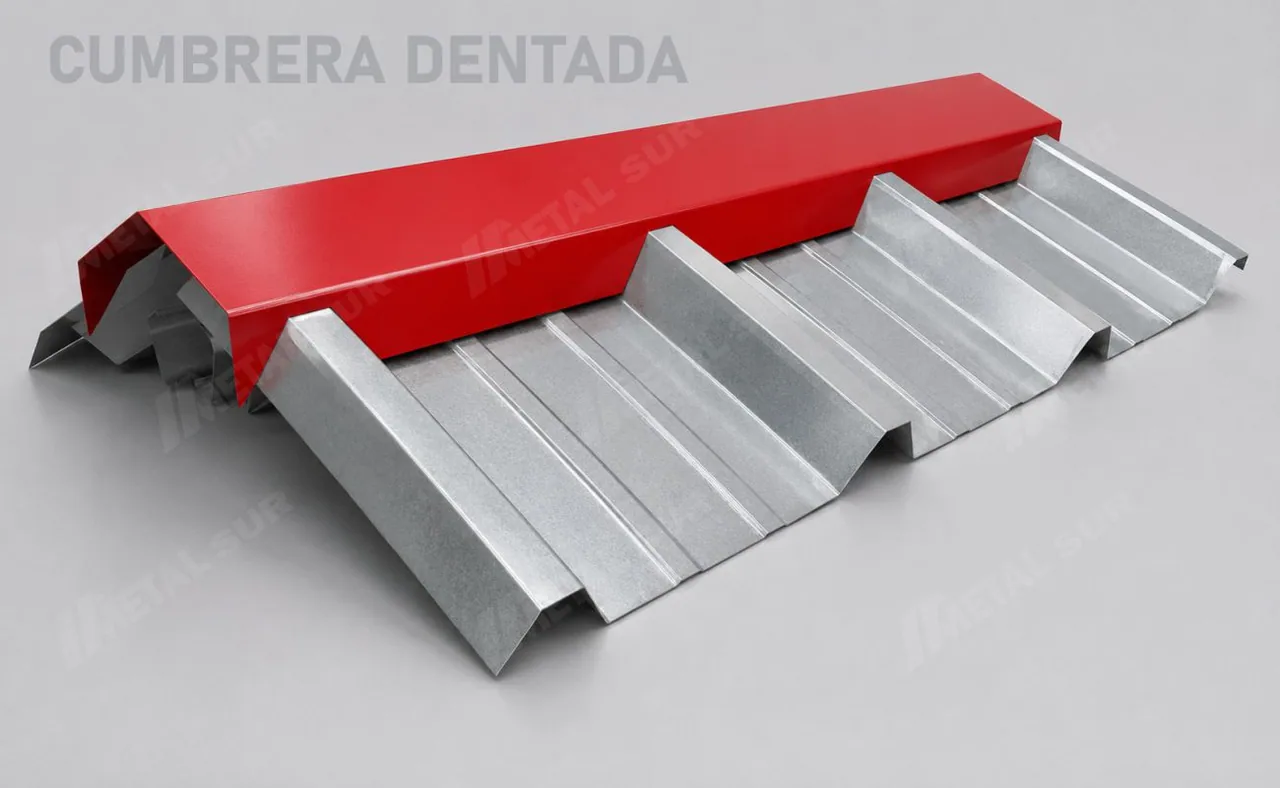 Cumbrera dentada de Aluzinc roja sobre perfil trapezoidal